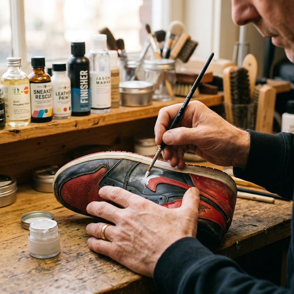Artizan vopsind manual marginea de piele a unui sneaker cu pensula fină